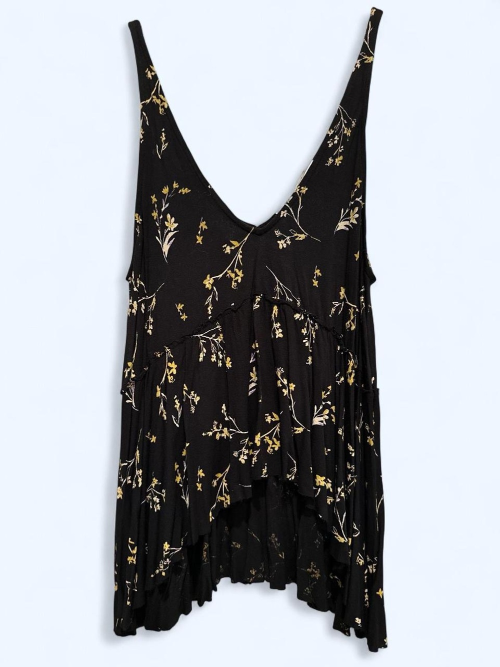 Kimchi Blu Black and yellow floral flowy tank top with high low hem S